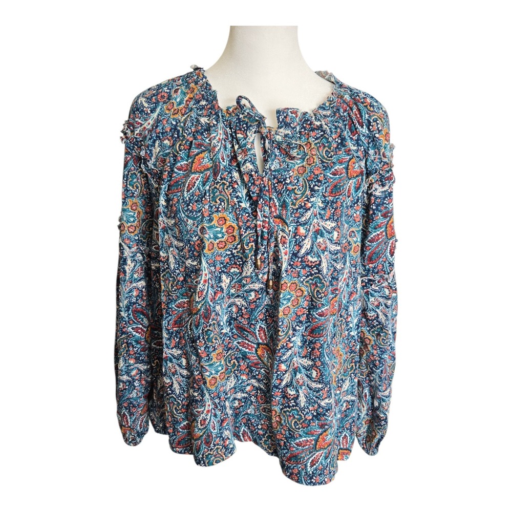 Wonderly Womens Paisley Print Long Ruffle‎ Sleeve Tie Neck Blouse PL Boho Fun